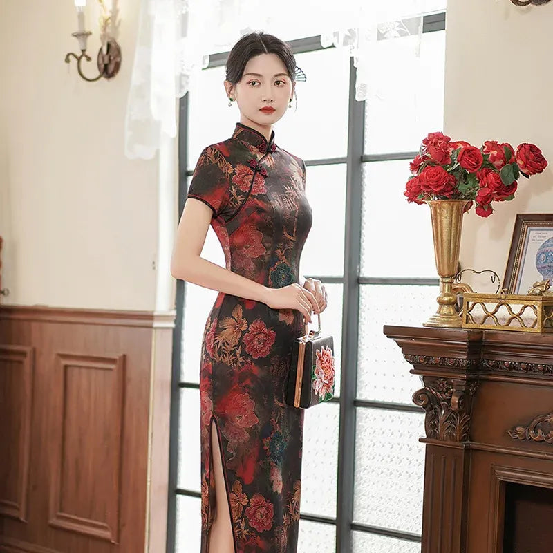 Printed Short-Sleeve Qipao-Inspired Midi Dress