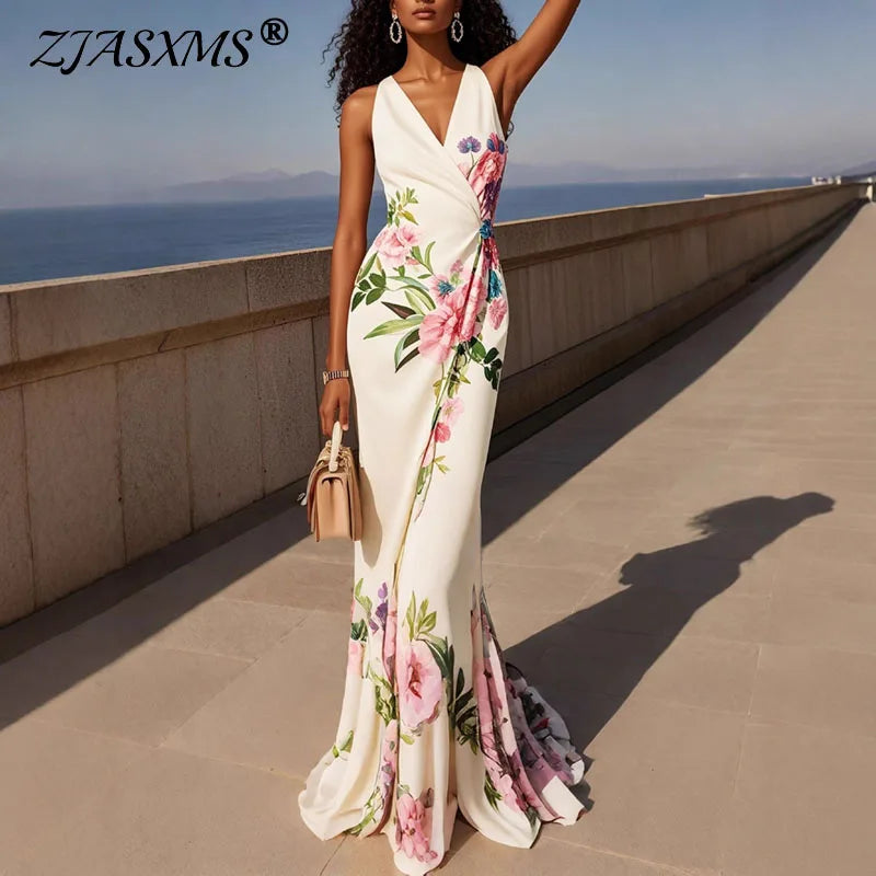 Spring Floral Print High Waist Mermaid Maxi Dress LADYLYS