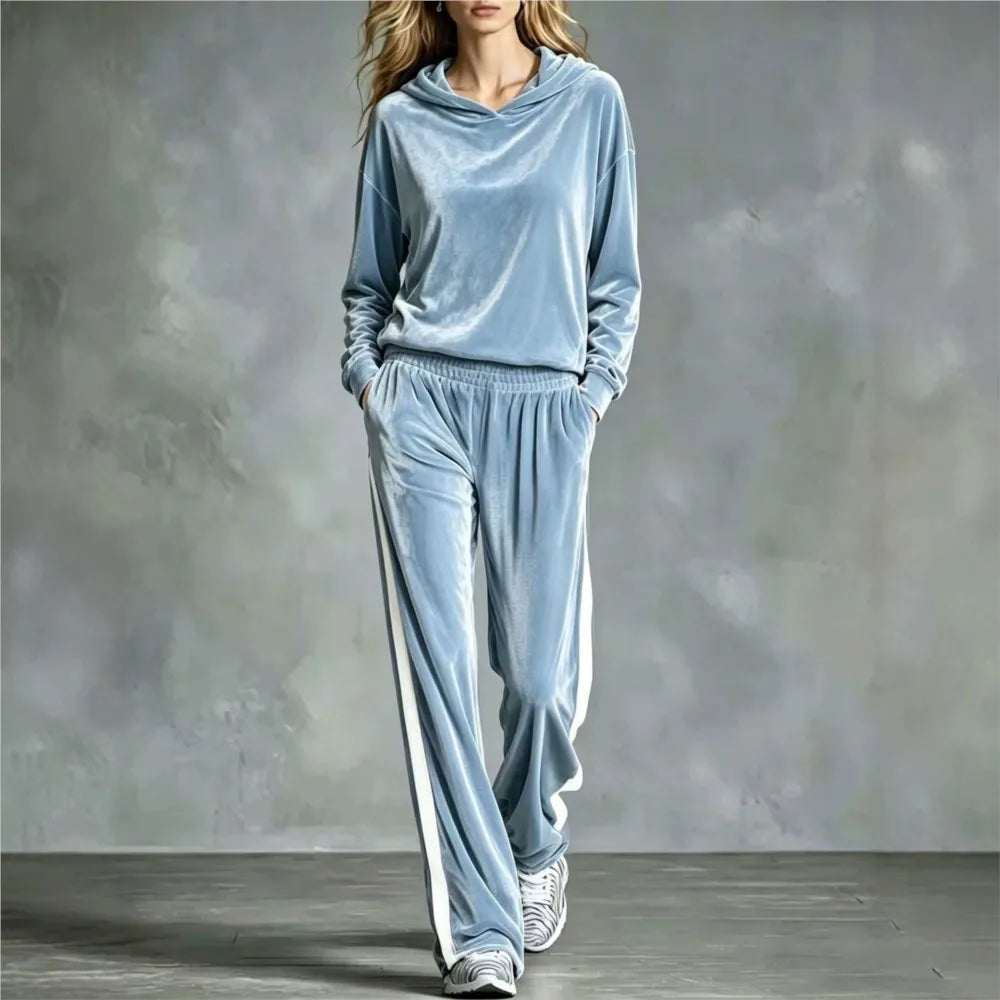 Women's 2-Piece Hooded Sweatshirt & Trouser Set – Patchwork, Casual Loose Fit