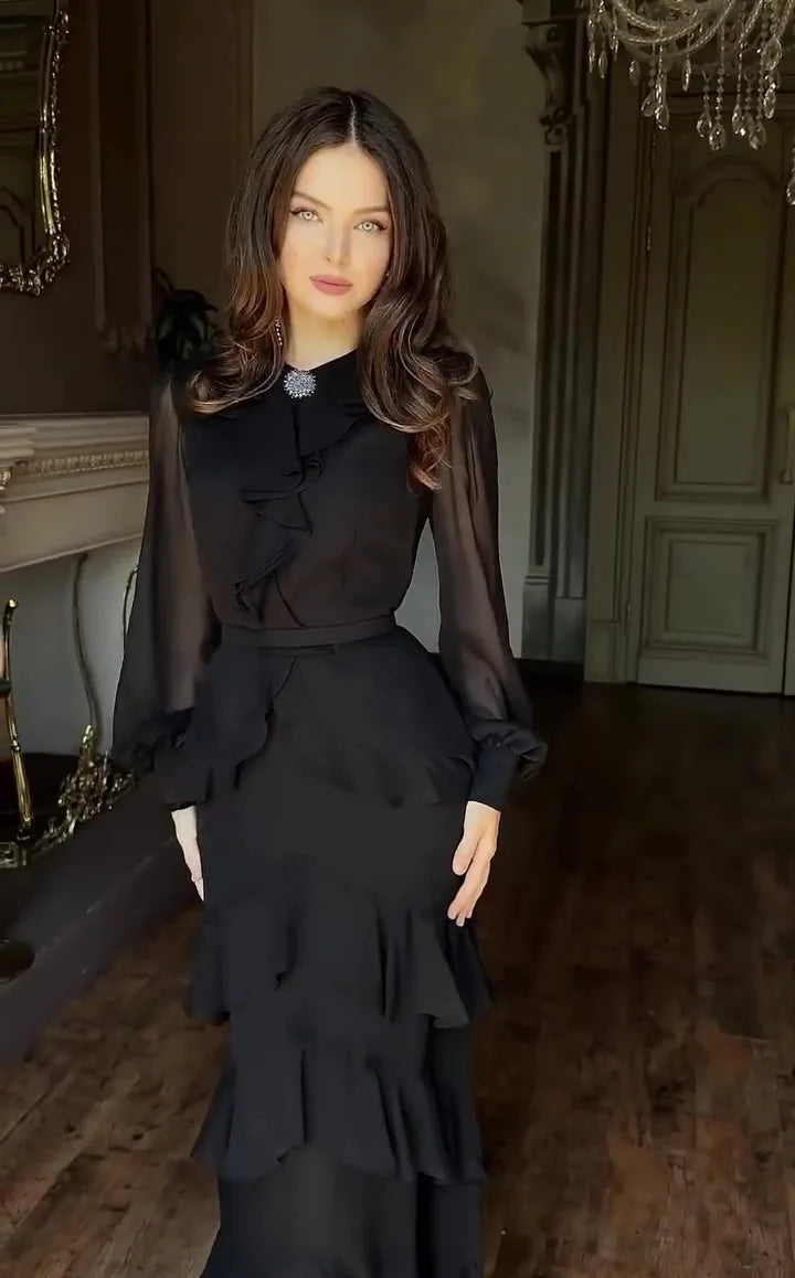 Women's Elegant Layered Ruffle Maxi Dress with Long Sleeves and Belt
