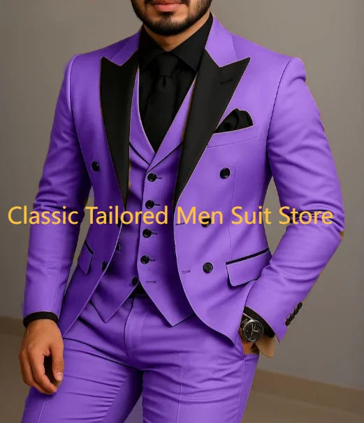 Beige Double Breasted Black Lapel  Slim Fit Wedding Suit LADYLYS
