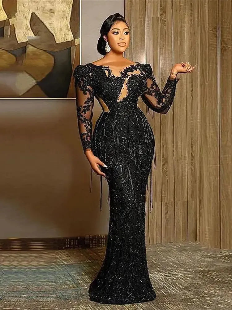 Long-Sleeve Ruched Satin Mermaid Evening Gown