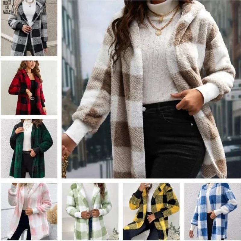Double Fleece Plaid Cardigan Soft Loose Long Sleeve Plush Warm Hooded Jacket