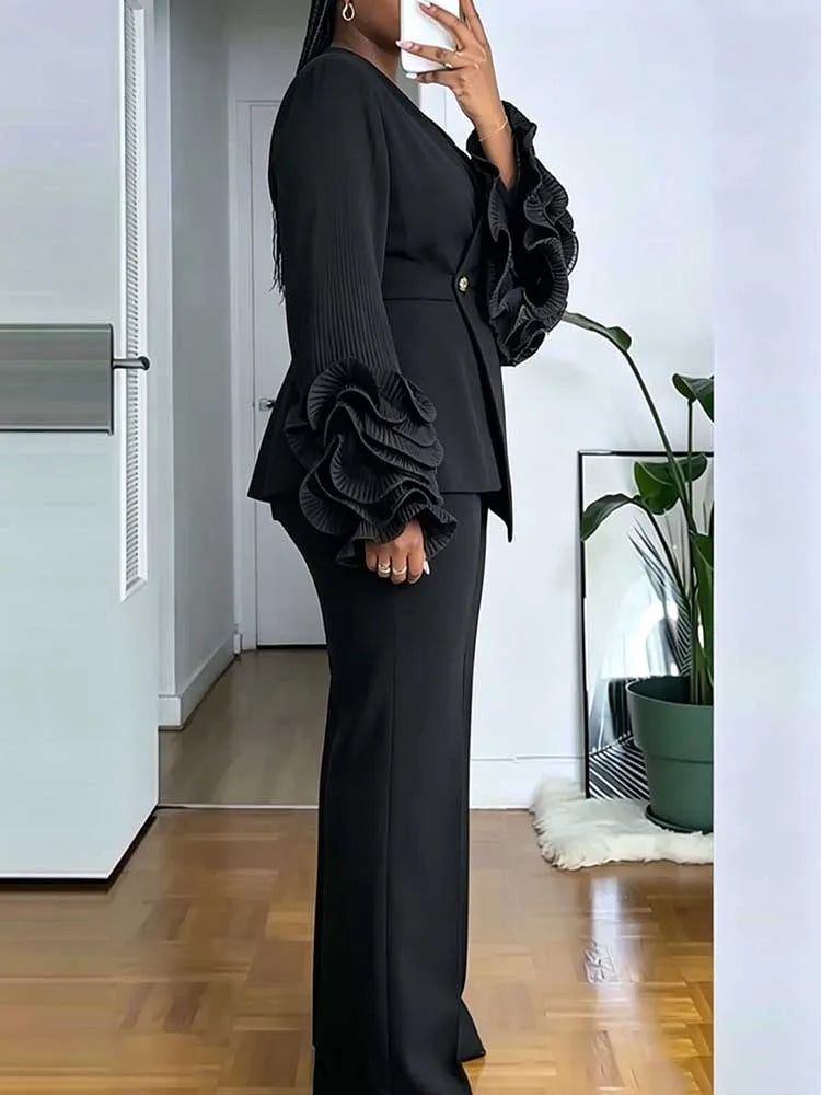 Women’s 2-Piece Blazer & Straight-Leg Pants Suit – Elegant Office Formal Set