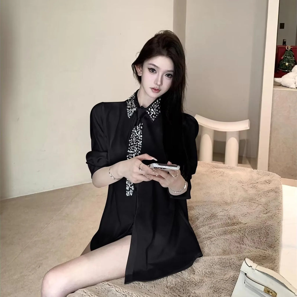 Shirt New Crystal Beading With Necktie Chiffon Blouses LADYLYS