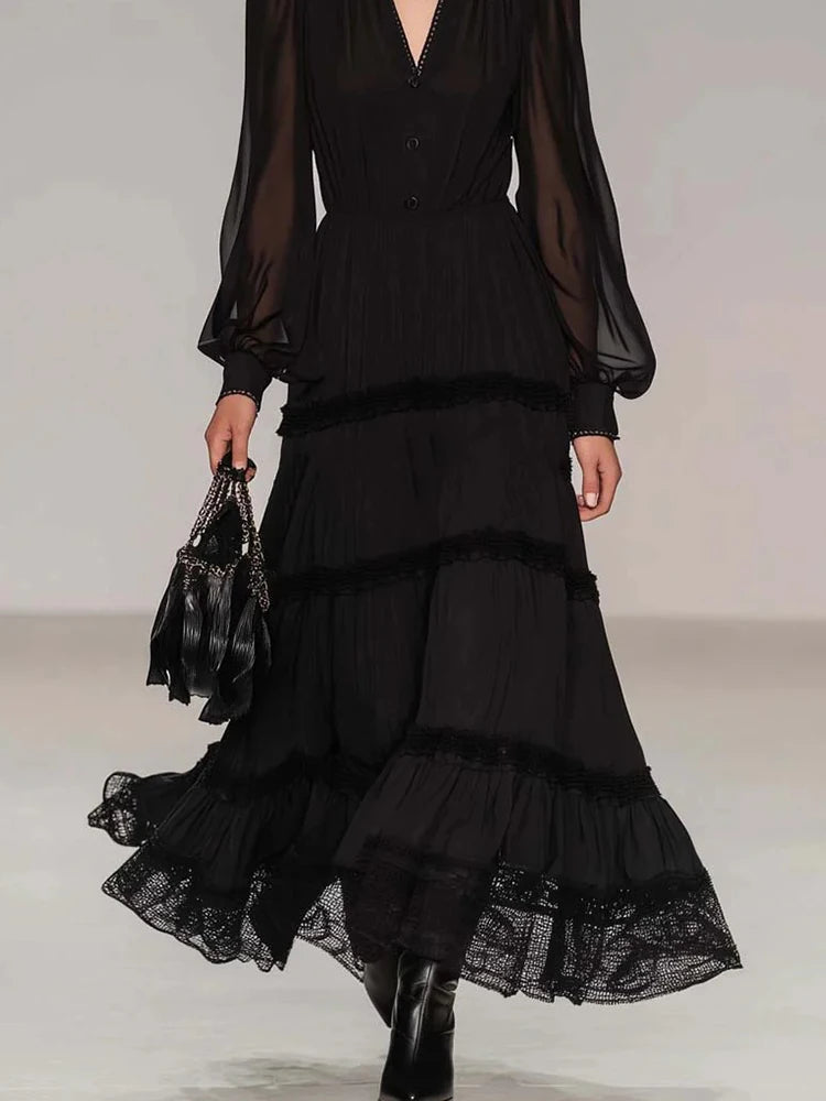 Black V-Neck Maxi Dress – Long Sleeve Mesh Patchwork A-Line | Party & Streetwear