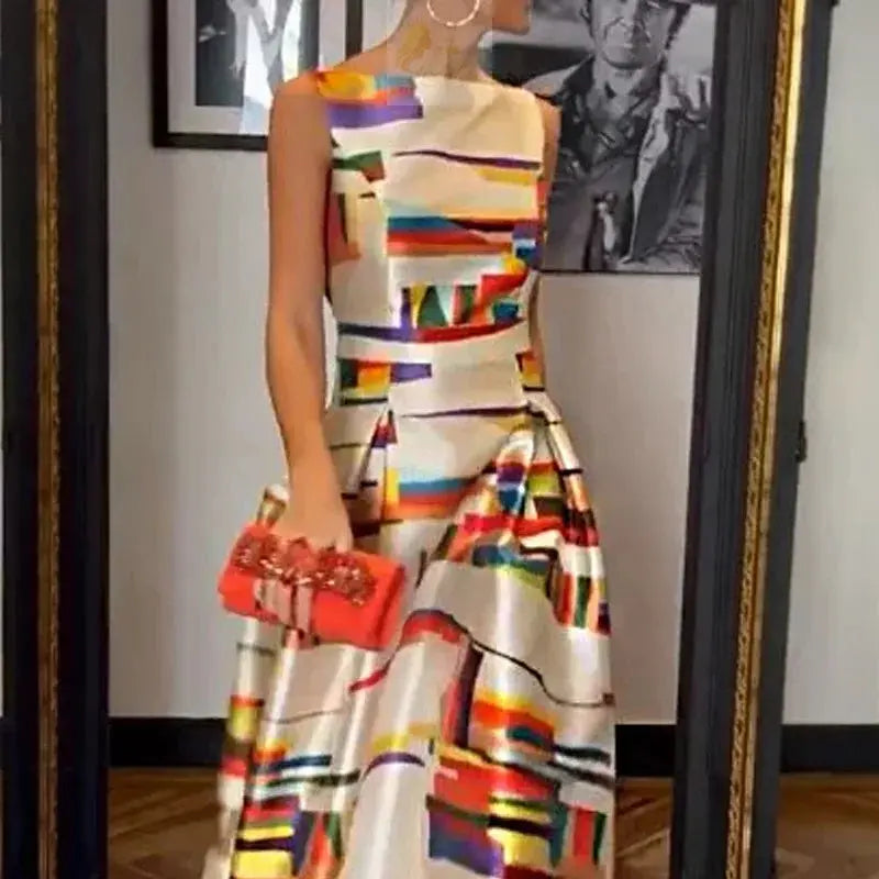 Elegant Printed O-Neck Evening Dress Sexy Hollow Sleeveless LADYLYS