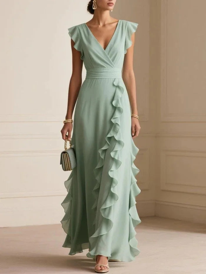 Women's Elegant Ruffle Sleeveless V-Neck Maxi Dress – Bohemian Party & Evening Gown