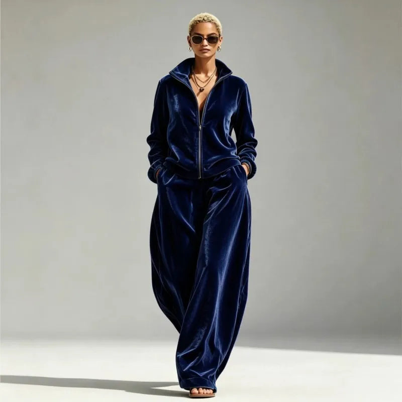 Women's Velvet Two-Piece Set with Wide-Leg Pants