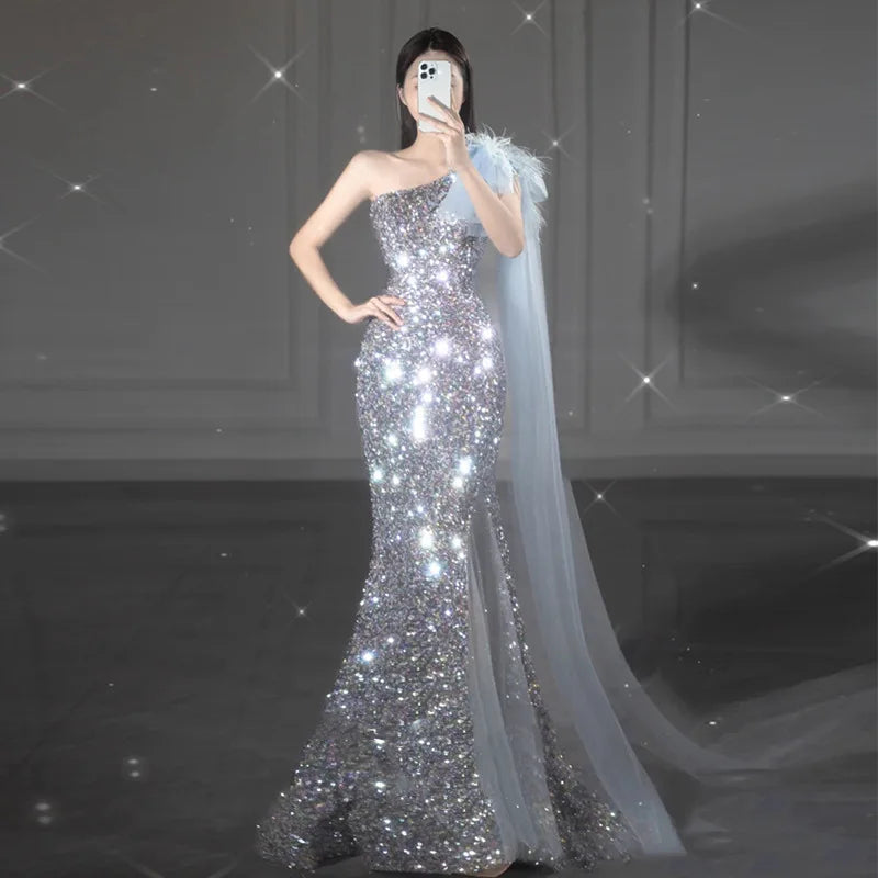 High-End Sequin Fishtail Dress – Beaded Sheath Gown for Wedding Guests & Special Occasions
