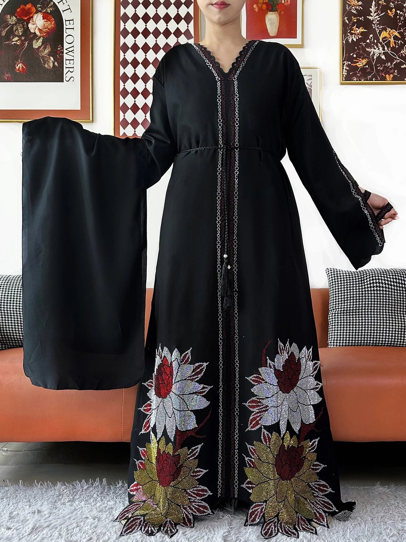 Muslim Party Dress Chiffon Diamond Long Sleeve Casual LADYLYS