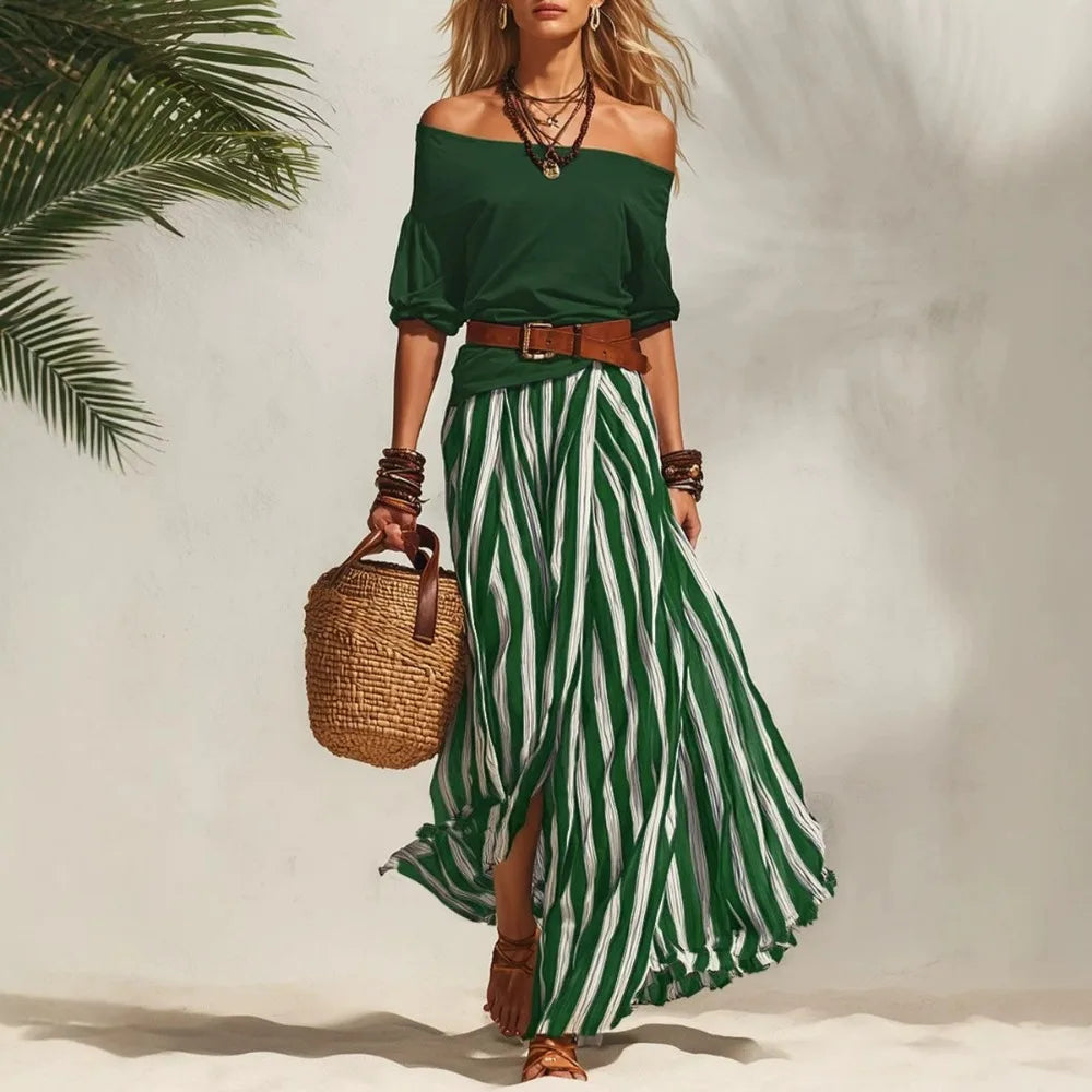 Women's 2-Piece Boho Set – Off-Shoulder Puff Sleeve Top & Vertical Stripe Flowy Maxi Skirt | Casual Vacation Outfit