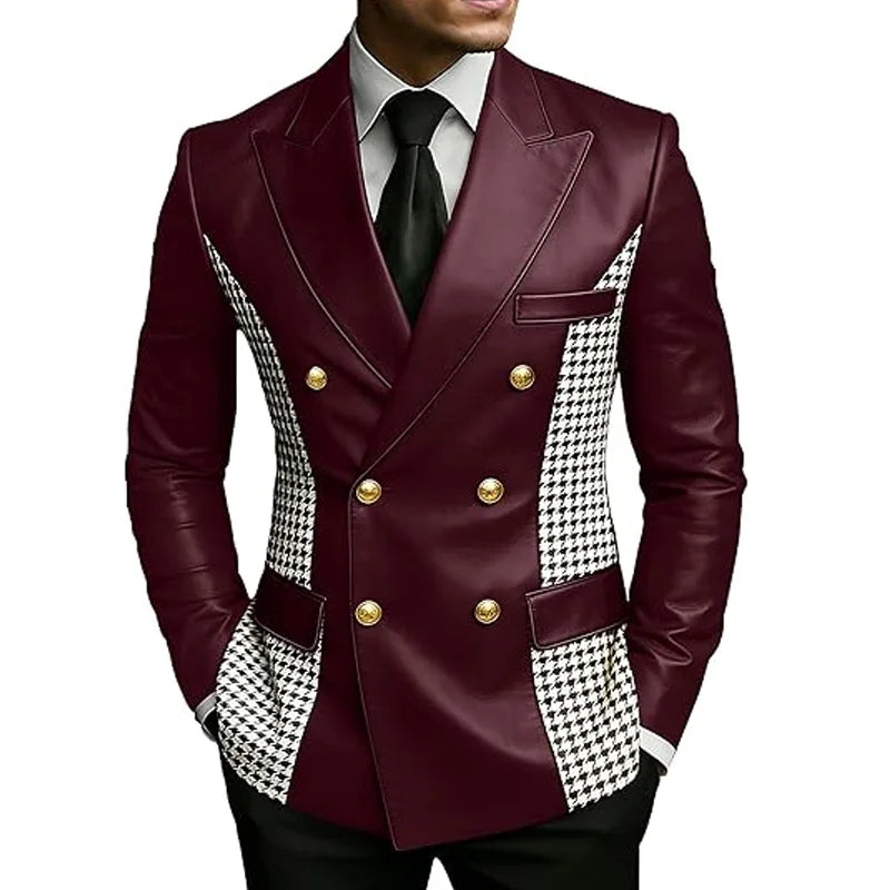 Leather Blazer With Houndstooth Sides Vintage Two-Tone Double Breasted LADYLYS