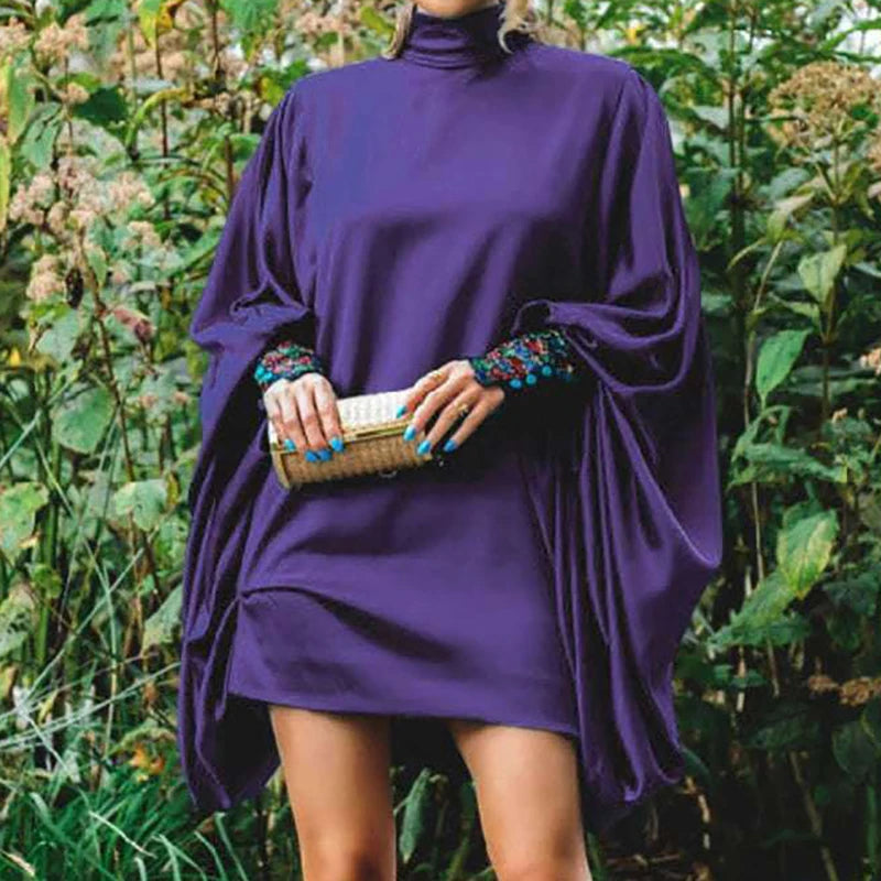 Batwing Sleeve Mini Dress – Turtleneck Loose Fit Patchwork | Casual Holiday & Party