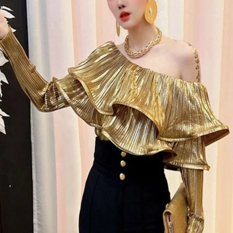 Camisas Solid Slash Neck Ruffled Long Sleeve Sexy Shirts Vintage Blouses