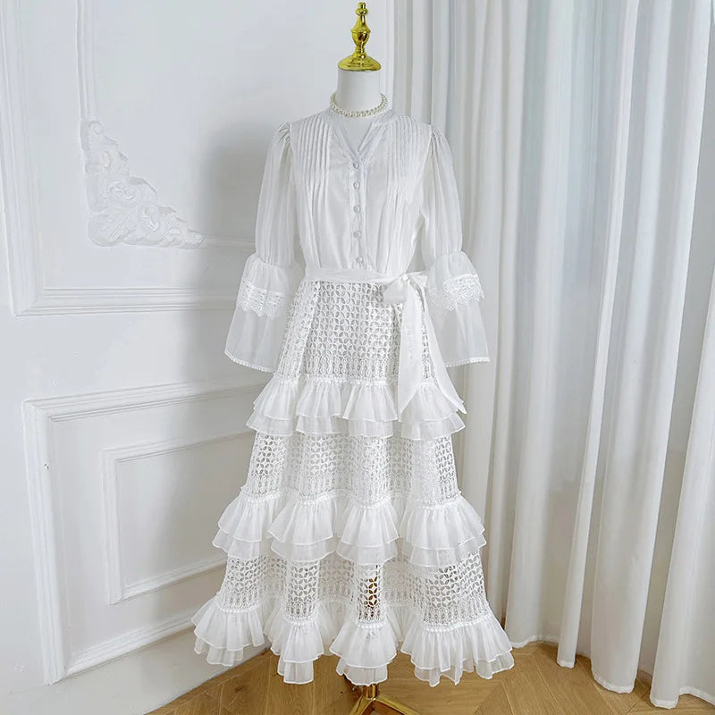 Lace Hollow-Out A-Line Dress – V-Neck, Flare Sleeves & Bandage Detail