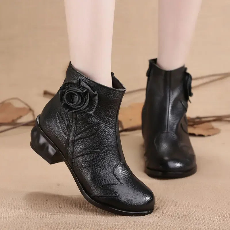 Women's Leather Ankle Boots with Low Heel and Zip