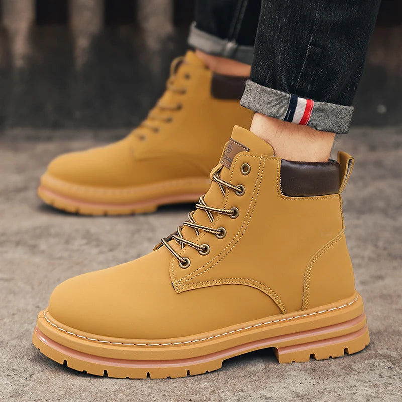 Men's Heavy-Duty All-Terrain High-Top Ankle Boots – PU & Stretch Fabric Motorcycle Boots in Plus Sizes
