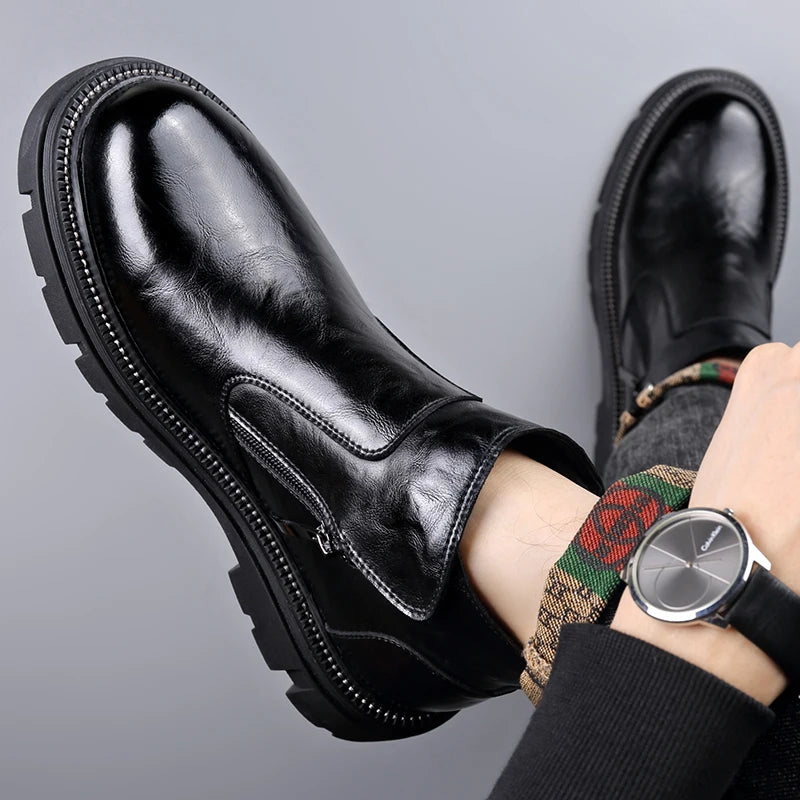 Men's Genuine Leather Zip-Up Ankle Boots – British Retro High-Top Non-Slip Booties