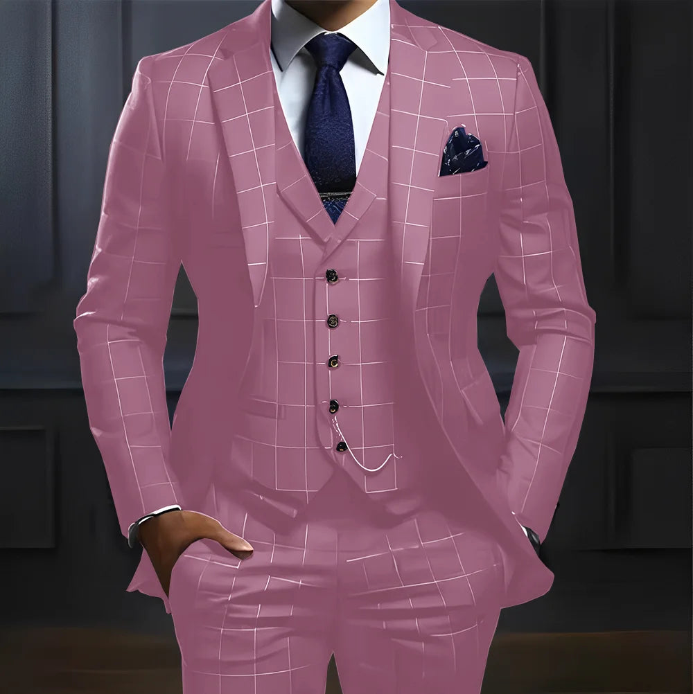 Men’s Plaid Three-Piece Suit for Weddings and Business