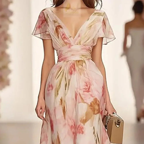 Boho Style Elegant Floral Print Long Dress Woman Spring V Neck High LADYLYS