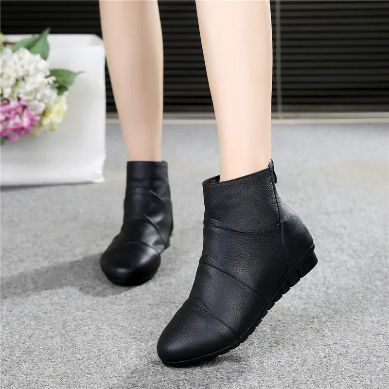 Women's Genuine Leather Platform Ankle Boots – Zip-Up Wedge Booties with Plush Option