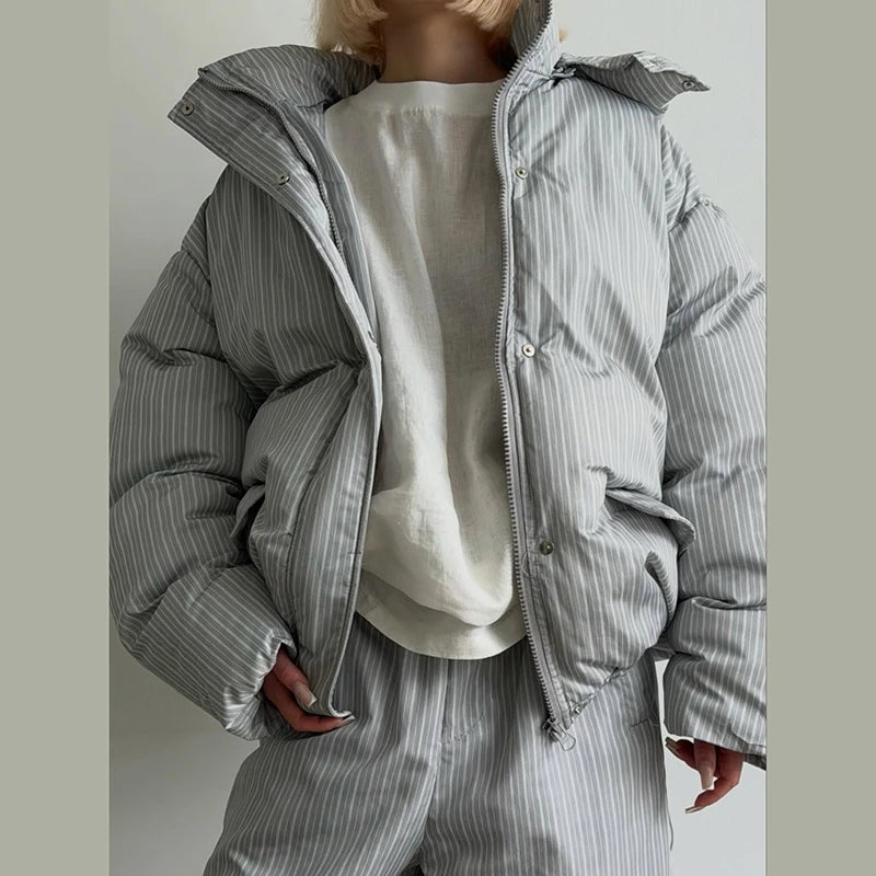 Women's Striped 2-Piece Set – Zip-Up Hooded Puffer Coat & Wide-Leg Jogger Pants | Warm Winter Suit