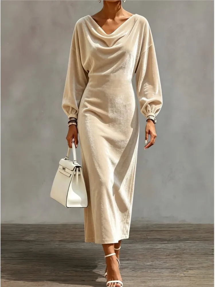 Women's Elegant Cowl Neck A-Line Dress with Lantern Sleeves