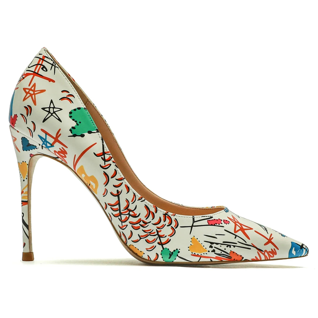 Luxury Stiletto Pumps – Pointed Toe, Extreme High Heel, Graffiti Print