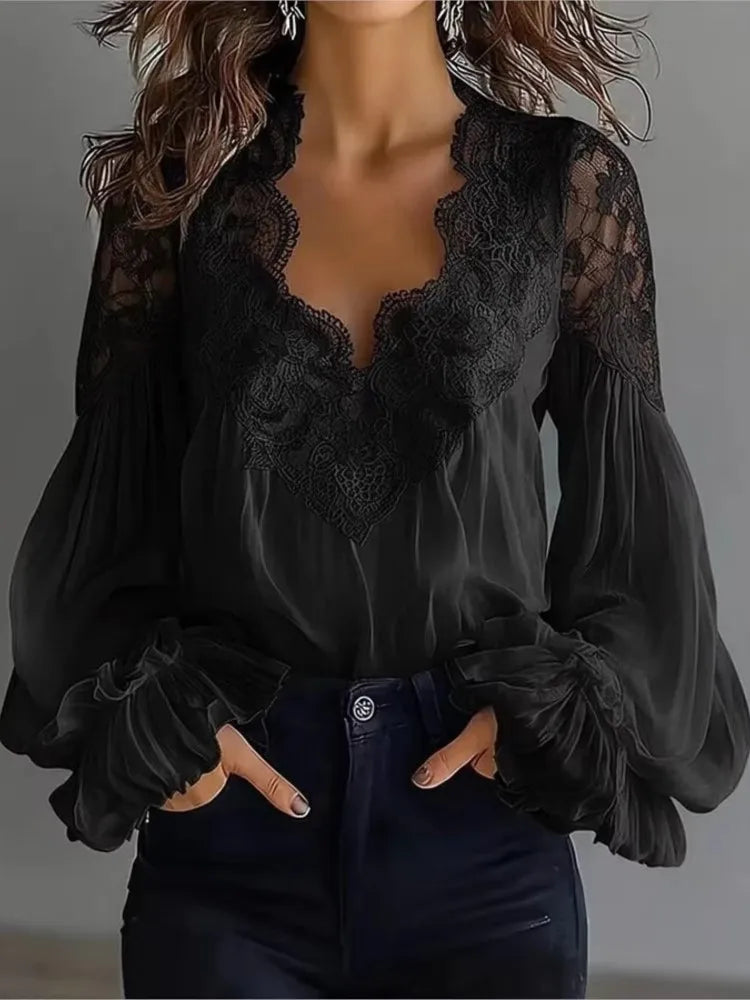 Blouse Solid Elegant Sexy V-neck Lace Splicing Lantern