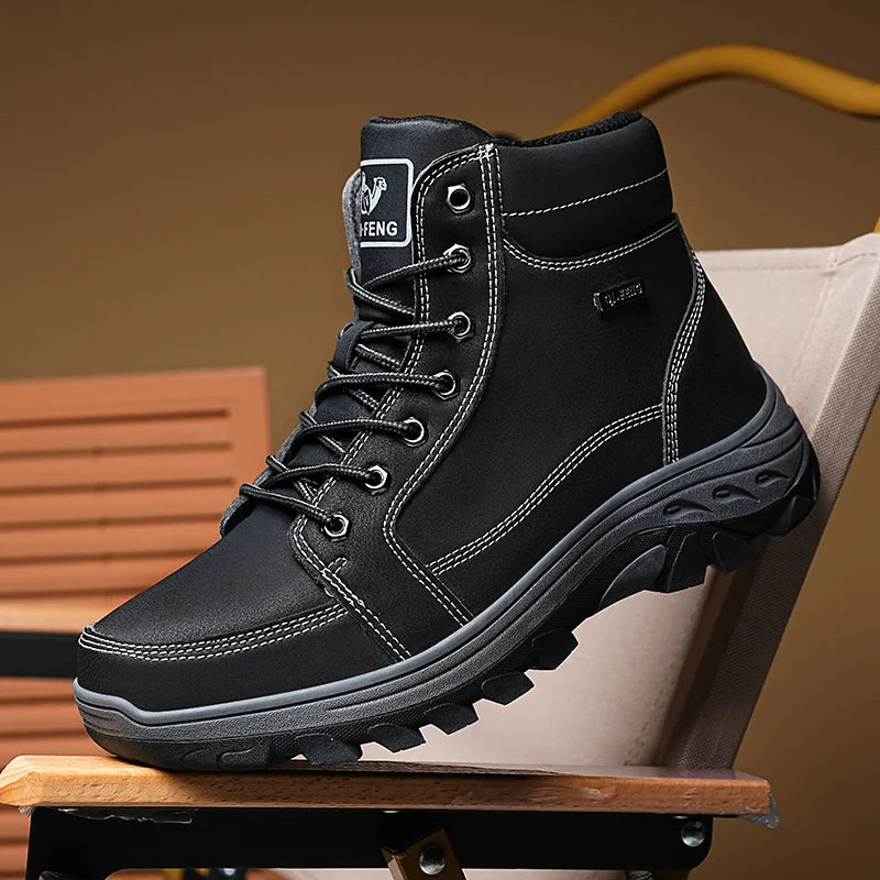 Men's Retro PU Leather Ankle Boots – Lace-Up Cowboy-Style Snow Boots with Optional Fur Lining