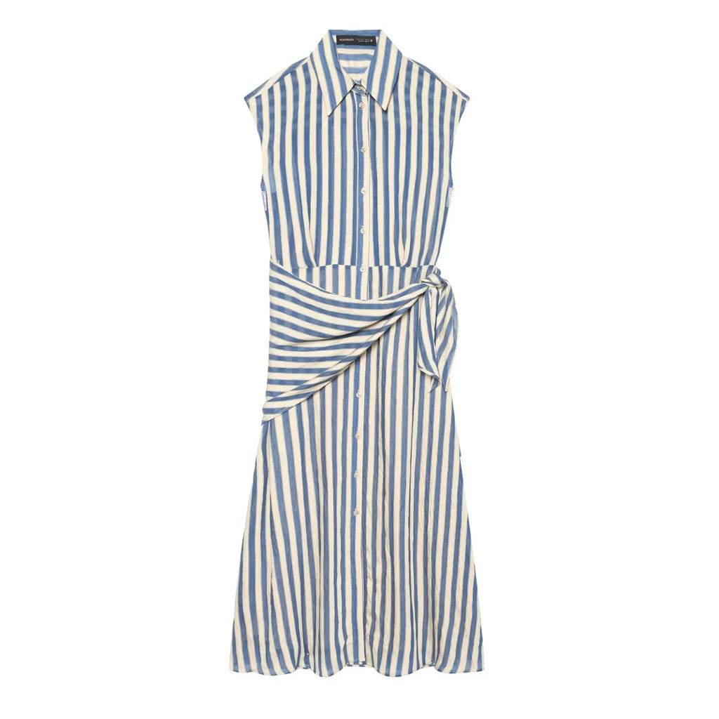 Striped Sleeveless Shirt Dress – Single-Breasted Detachable Waist Tie Maxi Dress