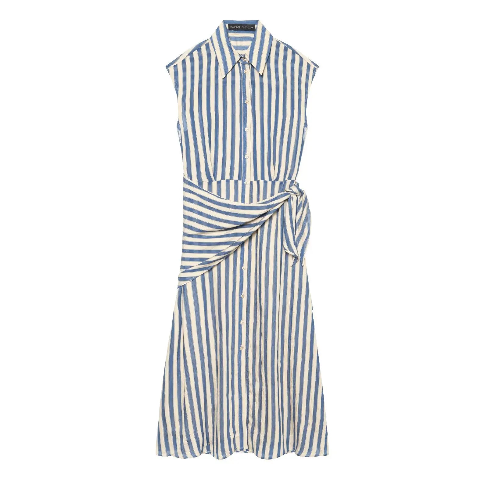 Striped Sleeveless Shirt Dress – Single-Breasted Detachable Waist Tie Maxi Dress