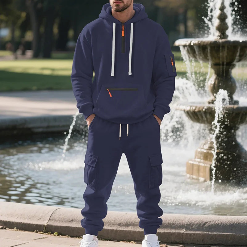 Men's Fleece Hoodie & Multi-Pocket Pants Set – Casual Sportswear