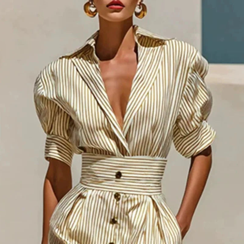 Vintage Striped Shirt Dress – Turn-Down Collar, Puff Sleeves & Belted Waist