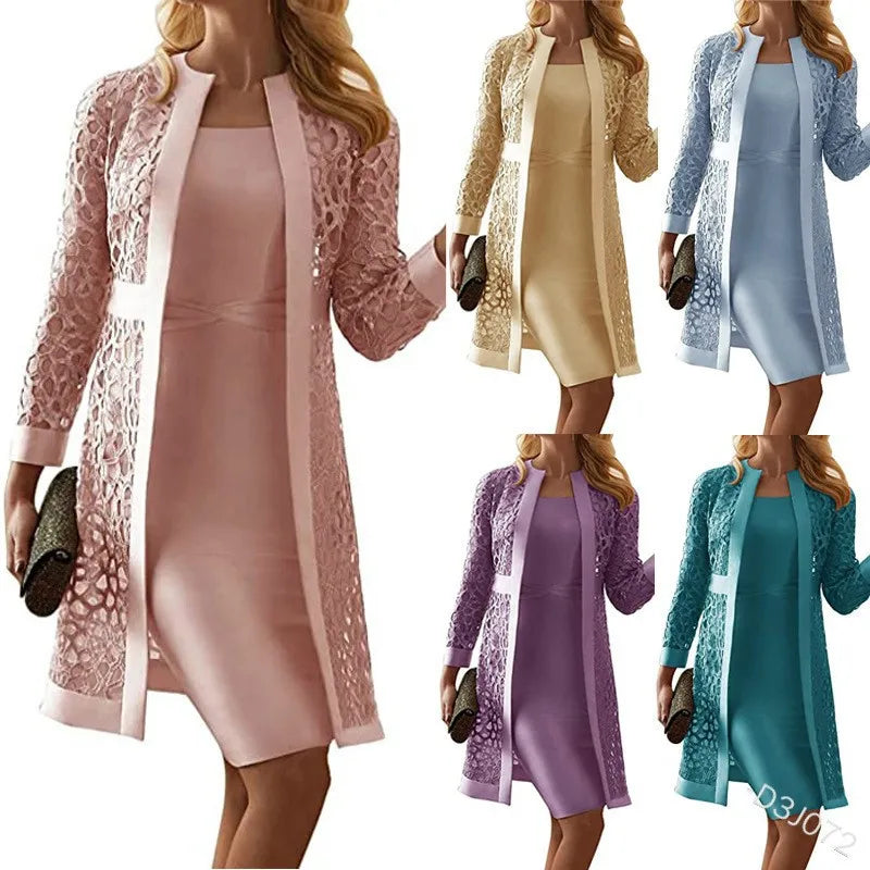 Women's 2-Piece Set – Floral Lace Long Sleeve Cardigan & Solid Sleeveless Mini Dress | Elegant Casual Outfit