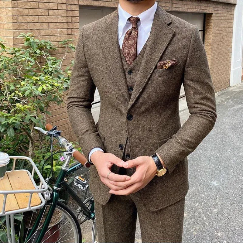 Men's Slim-Fit Herringbone Three-Piece Suit