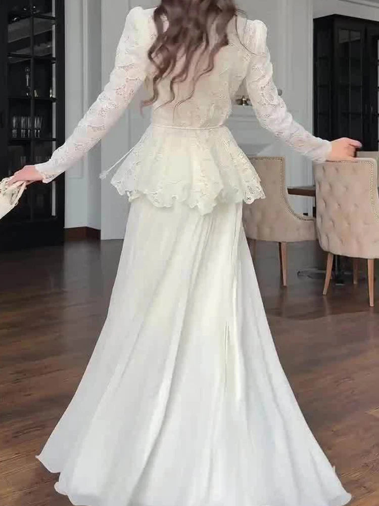 Women's White Lace V-Neck Long-Sleeve A-Line Dress