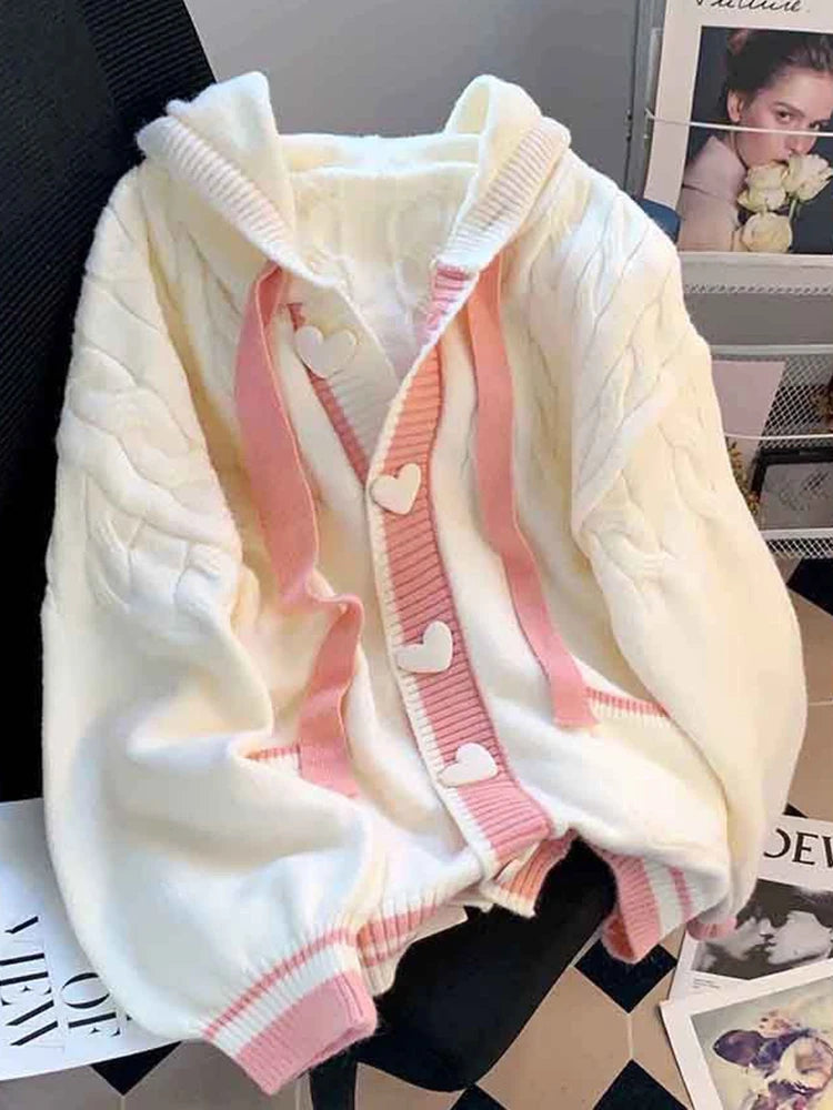 Women's White Hooded Knit Cardigan, Loose Fit