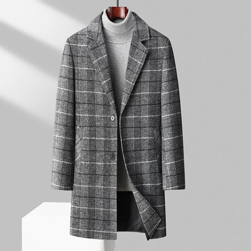 Men's Plaid Cashmere Trench Coat – Business Casual, Winter Luxury Outerwear