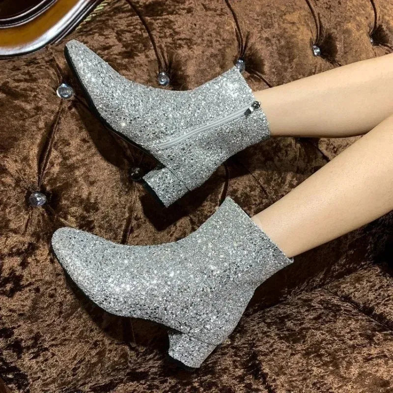 Women's Sparkly Mid-Calf Boots with Block Heels