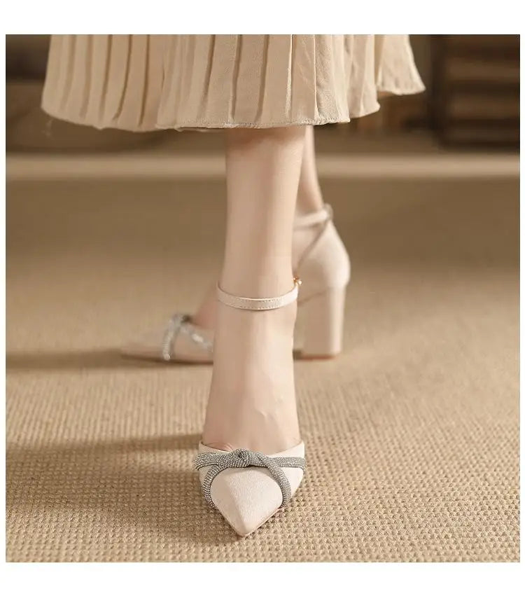Chunky Heel Hollow Point Toe High Heels Women Shoes Solid Color Ankle Strap Rhinestone Black Heels LADYLYS