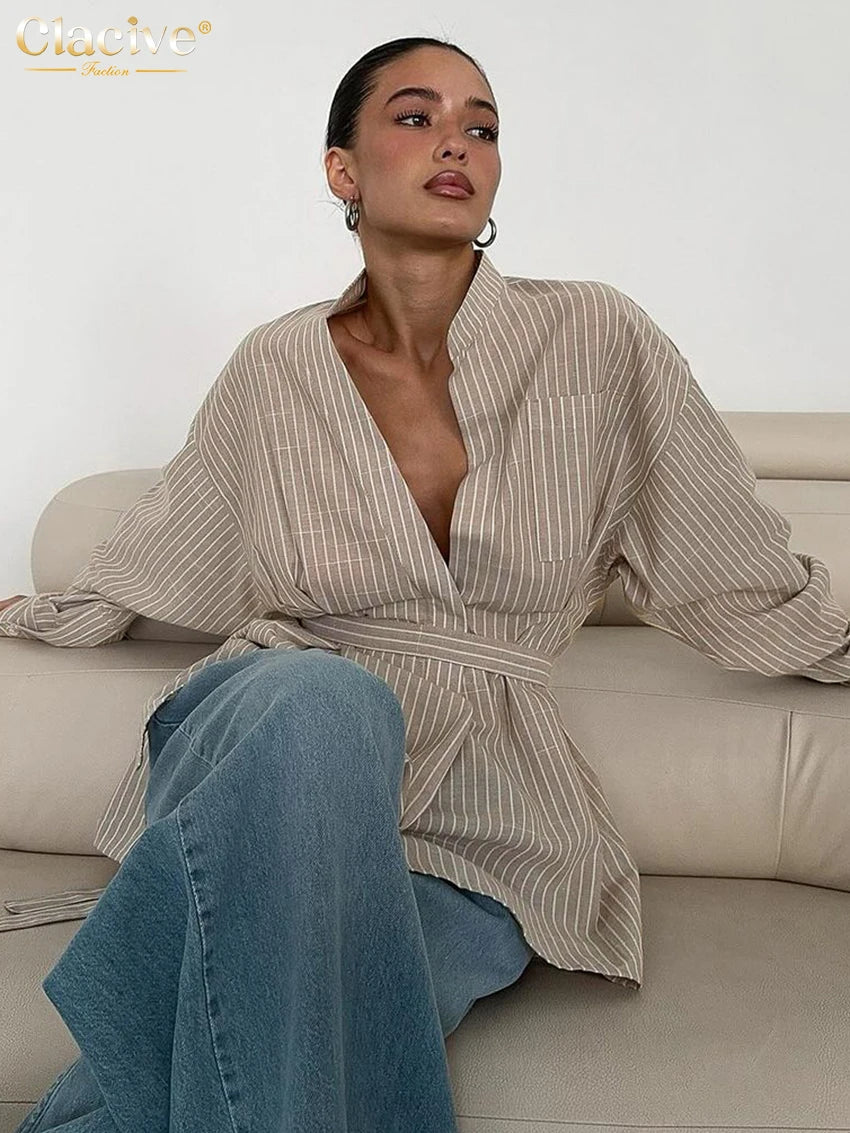 Clacive Vintage Loose Brown Stripe Women Shirts Collar Long Sleeve Shirt Elegant
