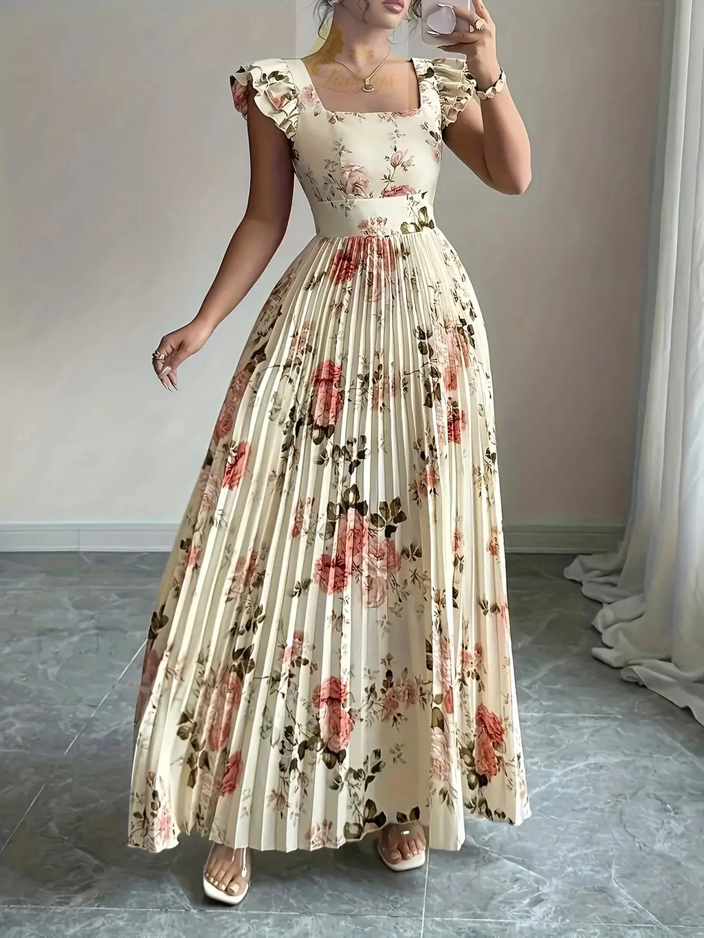 Elegant Beige Floral Pleated Midi Dress with Ruffle LADYLYS