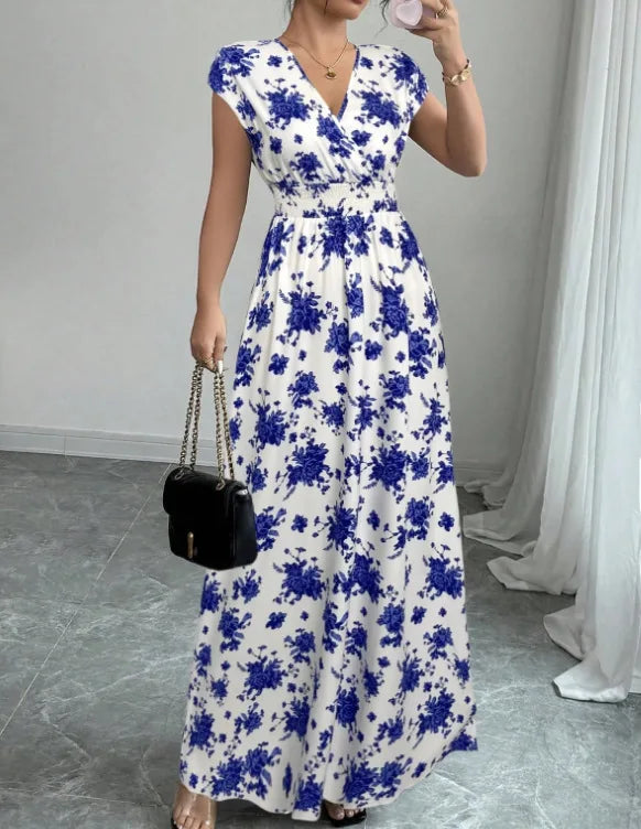 Printed V-Neck Short Sleeve Midi Dress – Lace-Up Waist Casual Summer Dress
