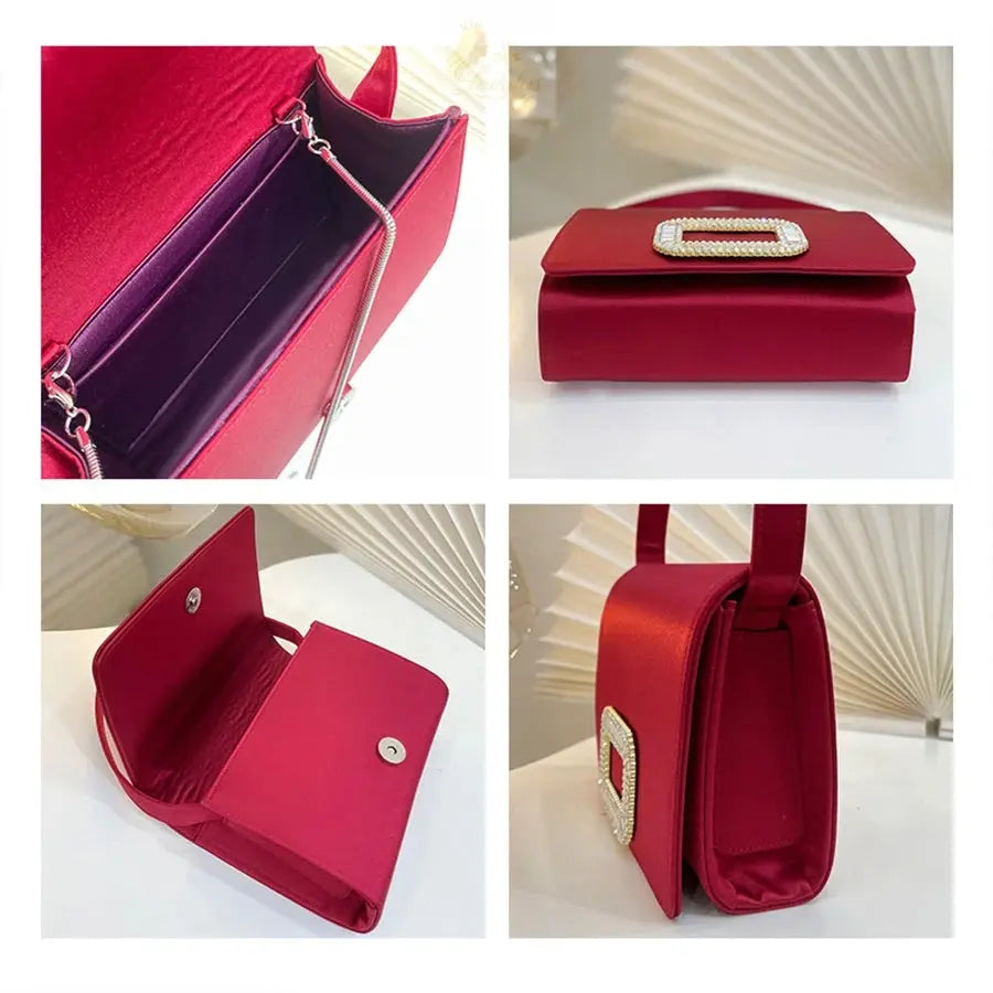 Luxury Diamond Square Button Evening small Bag Clutch Purses Satin Rhinestone LADYLYS