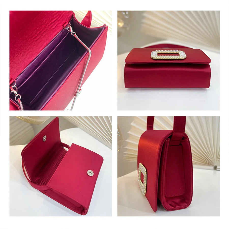 Luxury Diamond Square Button Evening small Bag Clutch Purses Satin Rhinestone LADYLYS