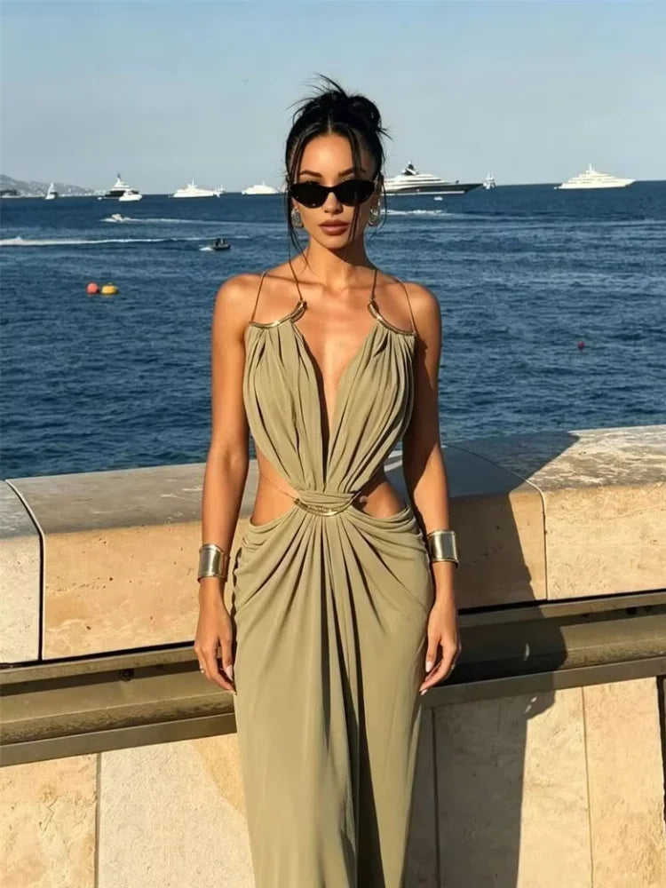 Deep V Cutout Ruched Maxi Gown – Spaghetti Strap Sleeveless Evening Dress