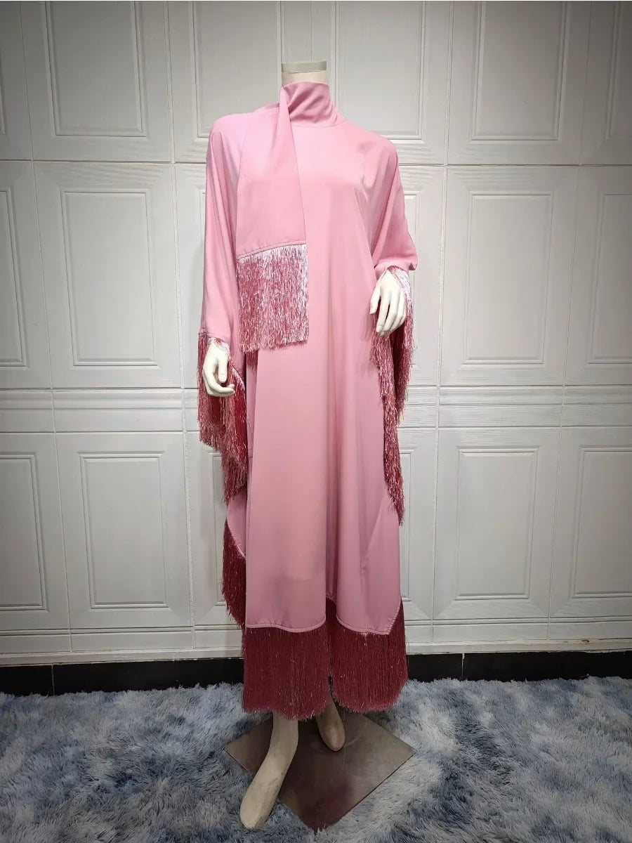 Women's Elegant Tassel Abaya Kaftan – Loose Long Evening Dress | Eid, Ramadan & Party Occasion