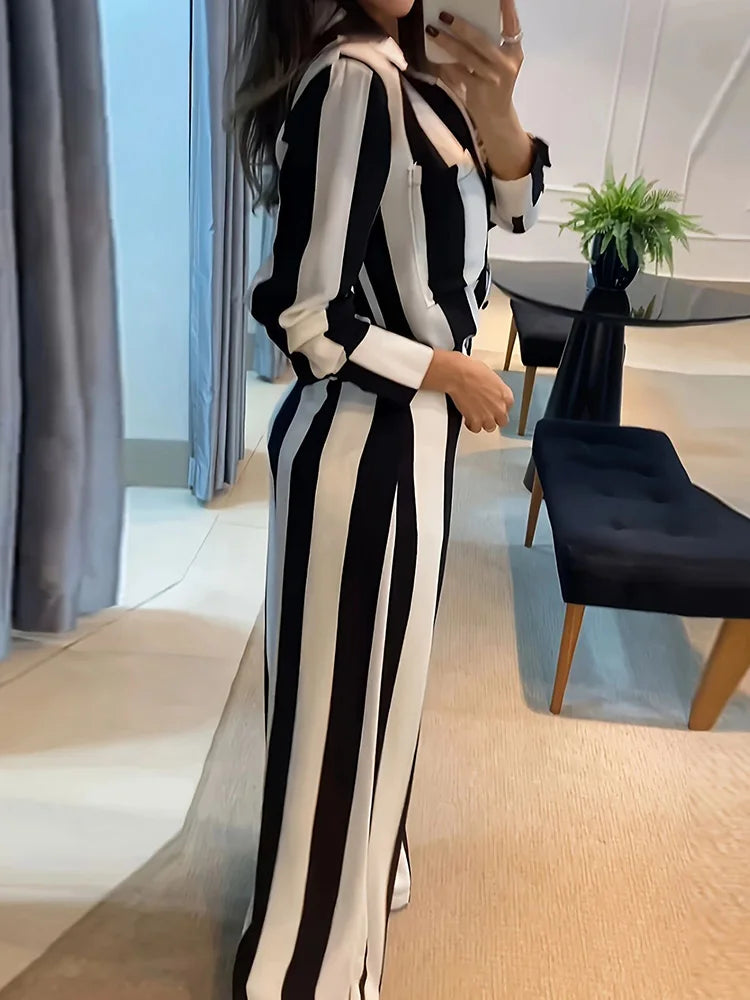 Women's Striped Wide Leg Pants Suit – Matching 2-Piece Set, Elegant Office Wear